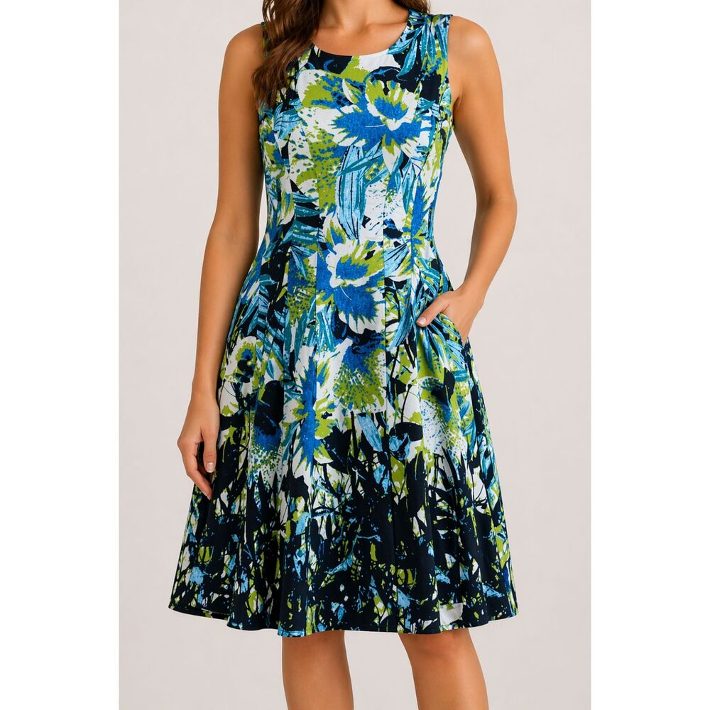 Nine West Blue Green Floral Fit Flare Dress Stretch Cotton Size 12